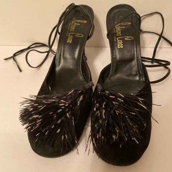 ADRIANA CARAS SHOES HEELS BLACK SUEDE LEATHER ANKLE WRAP ITALY - Picture 1 of 8
